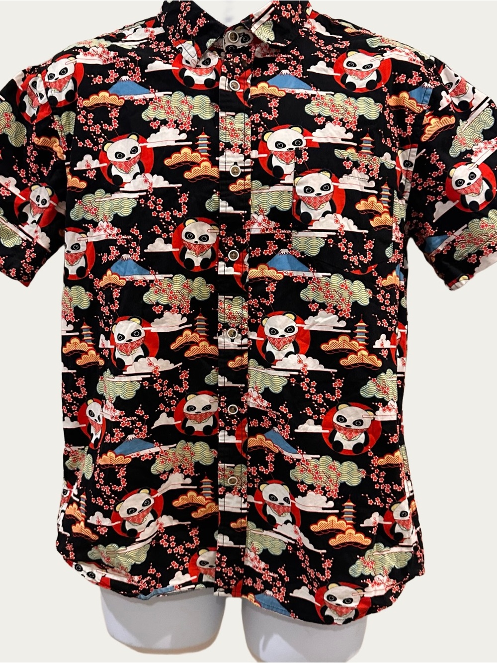 Panda Japan Cherry Blossom Tree Button Down Shirt VSTR Premium small